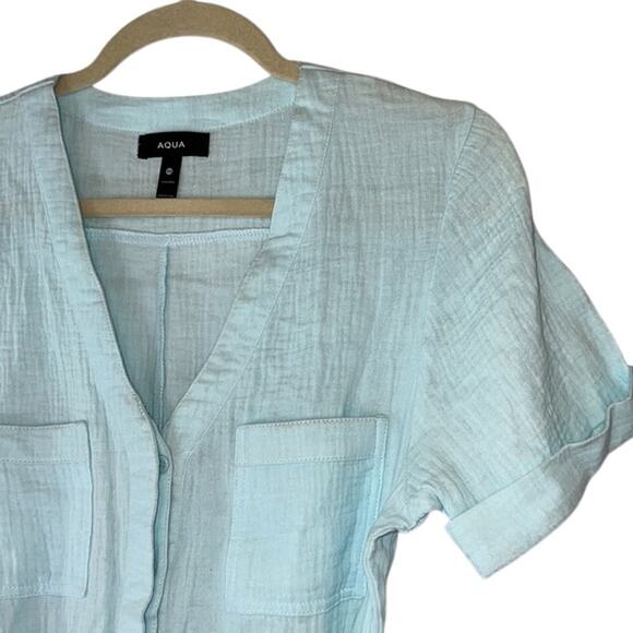 AQUA Ladies Light Blue Gauzy Short Sleeve Button Front Romper, Waist Tie, XS - Picture 3 of 4